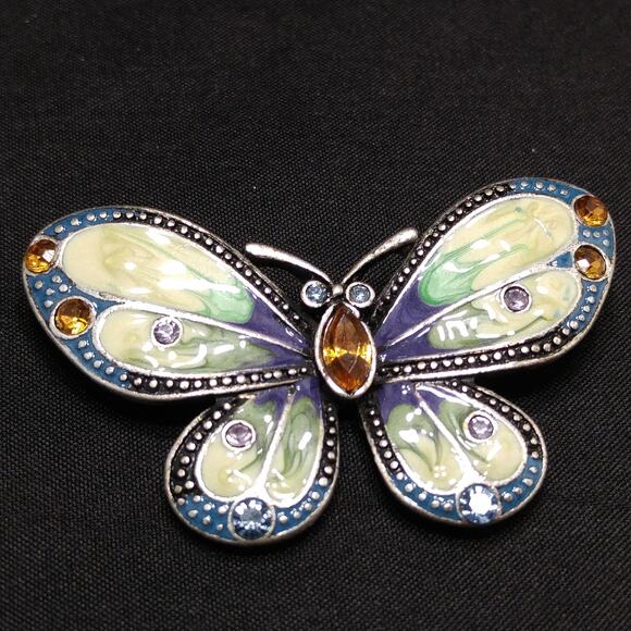 Butterfly Enamel & Rhinestone Brooch, Silver Tone, 1980s Vintage Jewelry - Picture 8 of 10